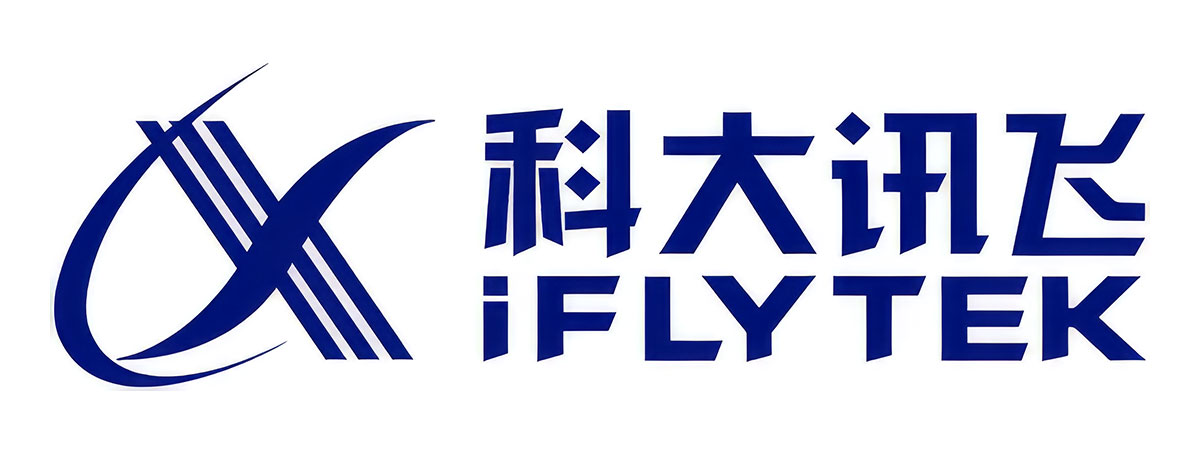 Blue iFLYTEK logo on a white background, featuring a stylized abstract swoosh and striped emblem on the left with Chinese characters and the text iFLYTEK on the right.