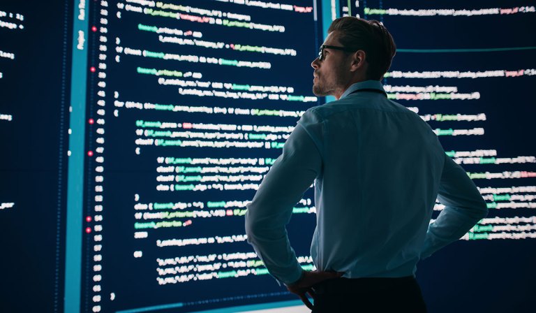 This image features a person standing with their back to the camera, looking at a large screen displaying lines of computer code. The person is wearing a light blue shirt and glasses, and appears to be focused on the content of the screen. The setting suggests a technology or data center environment, emphasizing a theme of software development or data analysis.