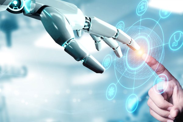 AI-Weekly. The world's #1 online resource for current news and trends in artificial intelligence. A human hand and a robotic hand are about to touch fingers. The robot's hand is metallic with visible joints and wiring, reflecting advanced technology. The background is light blue and features abstract digital icons floating around, suggesting concepts related to healthcare, technology, and science. A glowing digital globe hovers between the fingertips, symbolizing the intersection of human touch and technological innovation.