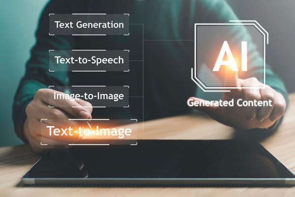 Image shows a person sitting at a desk, interacting with a tablet computer. Their finger is touching the screen, and it appears as though they are selecting an option or feature related to artificial intelligence (AI). The photo is taken from the side and focuses on their hand and the tablet, but their face is not visible. The screen of the tablet has several branching options that say "Text Generation," "Text-to-Speech," "Image-to-Image," and "Text-to-Image." Additionally, there is a graphic that resembles a document icon with the letters "AI" and the phrase "Generated Content" illuminating from the tablet's screen towards the user, suggesting interaction with AI-generated content. The overall feel is futuristic and technology-focused.