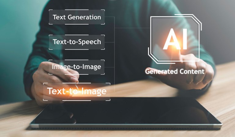 Image shows a person sitting at a desk, interacting with a tablet computer. Their finger is touching the screen, and it appears as though they are selecting an option or feature related to artificial intelligence (AI). The photo is taken from the side and focuses on their hand and the tablet, but their face is not visible. The screen of the tablet has several branching options that say "Text Generation," "Text-to-Speech," "Image-to-Image," and "Text-to-Image." Additionally, there is a graphic that resembles a document icon with the letters "AI" and the phrase "Generated Content" illuminating from the tablet's screen towards the user, suggesting interaction with AI-generated content. The overall feel is futuristic and technology-focused.