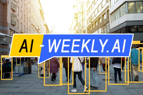 AI-Weekly for Tuesday, March 5, 2024 - Volume 102. The Week's News in Artificial Intelligence. Image features a bustling city street scene with pedestrians walking on the sidewalk. In the foreground, a large, bold graphic overlay with the logo "AI-WEEKLY.AI" in yellow and blue is superimposed across the photo, suggesting the image's relation to artificial intelligence. The background shows people in casual wear, shopping in a downtown area, with buildings lining the street. Some individuals are highlighted with yellow digital boxes, indicating they have been detected by AI or image recognition software. The environment suggests a pleasant, urban, daytime setting.