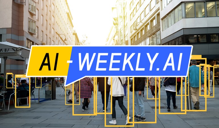 AI-Weekly for Tuesday, March 5, 2024 - Volume 102. The Week's News in Artificial Intelligence. Image features a bustling city street scene with pedestrians walking on the sidewalk. In the foreground, a large, bold graphic overlay with the logo "AI-WEEKLY.AI" in yellow and blue is superimposed across the photo, suggesting the image's relation to artificial intelligence. The background shows people in casual wear, shopping in a downtown area, with buildings lining the street. Some individuals are highlighted with yellow digital boxes, indicating they have been detected by AI or image recognition software. The environment suggests a pleasant, urban, daytime setting.