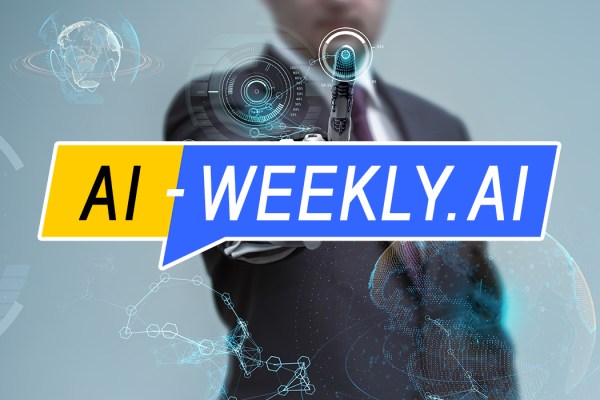 AI-Weekly for Tuesday, March 19, 2024 - Volume 104. The Week's News in Artificial Intelligence. Image showcases a blend of business and advanced technology themes. The AI-Weekly logo stands against a man in a suit, visible from the chest up. His arm is extended towards us with an open hand, on which a detailed holographic interface is projected. This interface includes circular graphs, futuristic dials, and what appears to be a representation of artificial intelligence technology. His face is partially obscured by the interface. The background is a sleek, cool-toned gradient, with various digital and technological graphics suggesting a network or connectivity, as well as faint outlines of the continents on a globe, hinting at a global perspective.