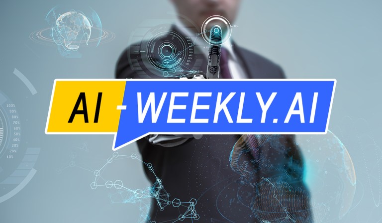 AI-Weekly for Tuesday, March 19, 2024 - Volume 104. The Week's News in Artificial Intelligence. Image showcases a blend of business and advanced technology themes. The AI-Weekly logo stands against a man in a suit, visible from the chest up. His arm is extended towards us with an open hand, on which a detailed holographic interface is projected. This interface includes circular graphs, futuristic dials, and what appears to be a representation of artificial intelligence technology. His face is partially obscured by the interface. The background is a sleek, cool-toned gradient, with various digital and technological graphics suggesting a network or connectivity, as well as faint outlines of the continents on a globe, hinting at a global perspective.