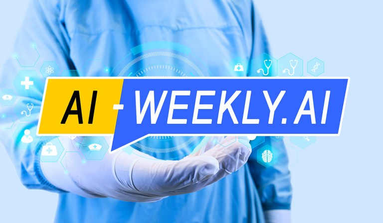 AI-Weekly for Tuesday, May 14, 2024 - Issue 112. This cover of the AI-Weekly newsletter features a healthcare professional in blue scrubs, focusing on a futuristic digital interface with a glowing central AI chip symbol, representing artificial intelligence in healthcare. The person's hand, covered with a glove, appears to be interacting with the interface, which displays various medical and scientific icons like a brain, heart, DNA strand, and other healthcare symbols. The background is a soft, clinical blue, enhancing the theme of advanced medical technology.