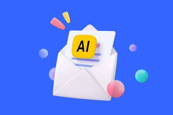 The image is a digital illustration featuring an envelope, partially opened, with a sheet of paper emerging from it. On the sheet of paper, there's a bright yellow square with the letters "AI" prominently displayed in black. The background is a solid, vibrant blue color. Surrounding the envelope are several colorful, floating shapes and spheres in various sizes and colors, including pink, yellow, green, and purple. These elements give the image a lively and modern feel, suggesting a theme related to artificial intelligence and digital communication.