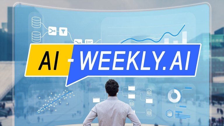 AI-Weekly for Tuesday, July 2, 2024 - Issue 119. This cover of the AI-Weekly newsletter depicts a man in a light blue shirt standing with his hands on his hips, facing a large, transparent digital screen displaying various data visualizations. The screen includes a bar graph with a rising trend line, a scatter plot with a positive correlation, data flow diagrams, and folder icons. The background shows an urban setting with a modern architectural structure and blurred pedestrians, indicating the man is in a public plaza or a business district. The overall scene suggests data analysis or business intelligence in a futuristic, high-tech environment.