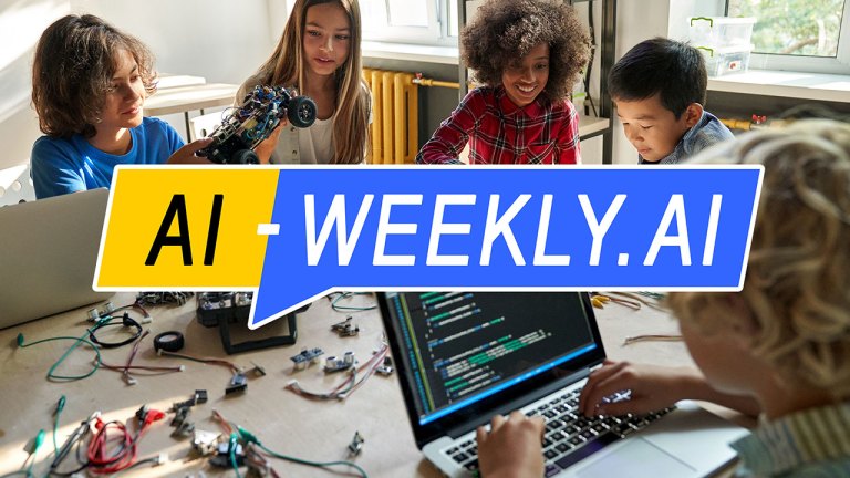 AI-Weekly for Tuesday, July 9, 2024 - Issue 120. This cover of the AI-Weekly newsletter depicts a group of five diverse children working together on a robotics project in a bright, well-lit room. They are gathered around a table covered with various electronic components, wires, and tools. One boy, wearing a blue shirt, is holding and examining a small robotic vehicle, while two girls and another boy watch attentively. A fourth child, with curly blonde hair, is focused on a laptop displaying lines of code. The children appear engaged and collaborative, suggesting a hands-on learning environment focused on STEM (Science, Technology, Engineering, and Mathematics) education.