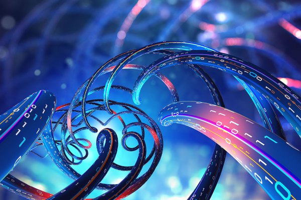 An image features a futuristic, abstract representation of a digital network or data flow. It depicts intertwining, glowing blue and purple ribbons with binary code (0s and 1s) running along their surfaces. The ribbons are set against a blurred, deep blue background with soft bokeh light effects, creating a sense of depth and motion. The central focus is on a spherical cluster of swirling lines, which adds to the dynamic and complex feel of the composition. The overall aesthetic suggests themes of technology, data exchange, and digital connectivity.