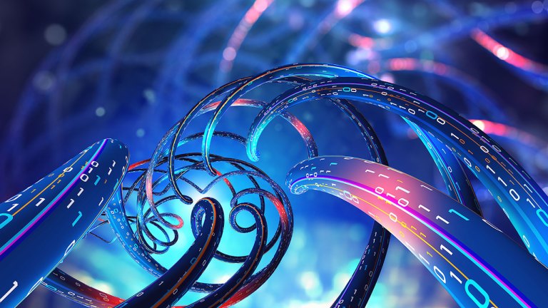 An image features a futuristic, abstract representation of a digital network or data flow. It depicts intertwining, glowing blue and purple ribbons with binary code (0s and 1s) running along their surfaces. The ribbons are set against a blurred, deep blue background with soft bokeh light effects, creating a sense of depth and motion. The central focus is on a spherical cluster of swirling lines, which adds to the dynamic and complex feel of the composition. The overall aesthetic suggests themes of technology, data exchange, and digital connectivity.