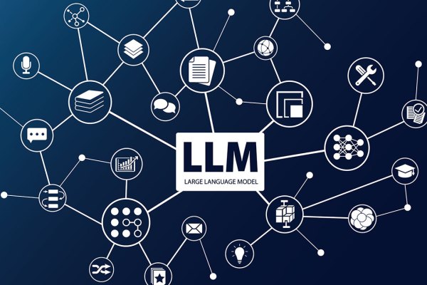 An image shows a network diagram with interconnected nodes on a dark blue gradient background, centered around a prominent white rectangle labeled 'LLM' with 'Large Language Model' written below it. Surrounding the central node are various icons connected by lines, representing different elements and applications related to LLMs. These include icons for a microphone, speech bubbles, documents, graphs, a toolbox, a globe, a neural network, a lightbulb, a book with a graduation cap, and a flowchart. Each icon is enclosed in a circular node, emphasizing the diverse functionalities and fields influenced by large language models.