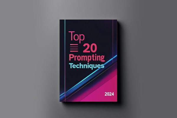 A book cover titled "Top 20 Prompting Techniques" for the year 2024. The design features a dark background with diagonal lines and gradient colors ranging from pink to blue, adding a dynamic, modern aesthetic. The title text is prominently displayed in a mix of red and light blue fonts, creating a striking contrast against the dark background. The year "2024" is positioned at the bottom right corner in white, further standing out against the deep hues. The overall design is sleek and contemporary, suggesting a focus on modern techniques and innovative approaches.