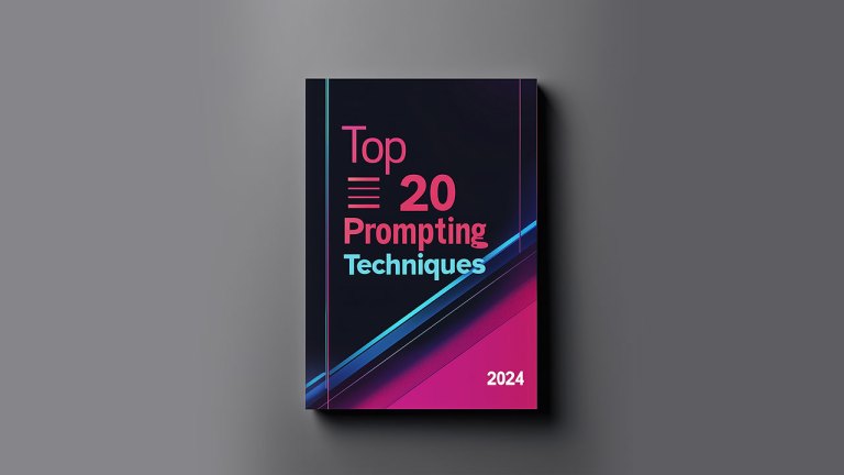 A book cover titled "Top 20 Prompting Techniques" for the year 2024. The design features a dark background with diagonal lines and gradient colors ranging from pink to blue, adding a dynamic, modern aesthetic. The title text is prominently displayed in a mix of red and light blue fonts, creating a striking contrast against the dark background. The year "2024" is positioned at the bottom right corner in white, further standing out against the deep hues. The overall design is sleek and contemporary, suggesting a focus on modern techniques and innovative approaches.
