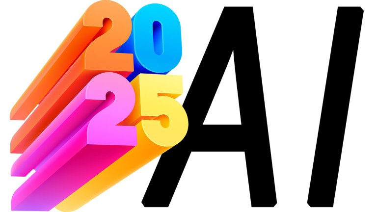 The image features bold, colorful numbers '2025' stacked diagonally in 3D, with each digit rendered in vibrant shades of orange, pink, yellow, and blue. These numbers appear to extend backward, creating a dynamic, layered effect. To the right, the black, blocky letters 'AI' stand tall in a sharp, minimalist font, contrasting starkly against the colorful numbers. The overall design emphasizes modernity and innovation, with a clean white background highlighting the elements.