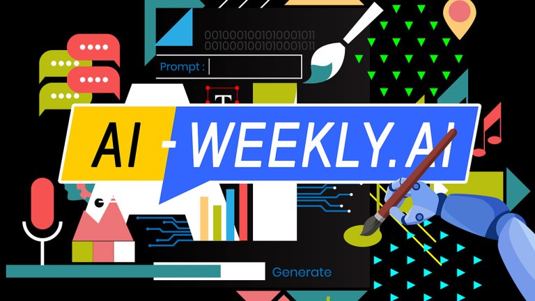 AI-Weekly for Tuesday, January 21, 2025 - Issue 148. This cover of the AI-Weekly newsletter depicts a colorful digital illustration representing artificial intelligence (AI) and creativity. The large white letters "AI" dominate the center, surrounded by various symbols of technology, communication, and art. A robotic hand on the right holds a paintbrush, painting a yellow circle, symbolizing AI-driven creativity. Circuit-like blue lines extend from the letters, and binary code appears at the top. Speech bubbles, gears, a human head silhouette, a microphone, a location pin, and music notes are also present, representing different AI applications in text, voice, design, and music generation. The background is black with vibrant geometric shapes and patterns in green, red, blue, and yellow.