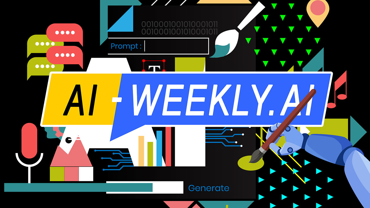 AI-Weekly for Tuesday, January 21, 2025 - Issue 148. This cover of the AI-Weekly newsletter depicts a colorful digital illustration representing artificial intelligence (AI) and creativity. The large white letters "AI" dominate the center, surrounded by various symbols of technology, communication, and art. A robotic hand on the right holds a paintbrush, painting a yellow circle, symbolizing AI-driven creativity. Circuit-like blue lines extend from the letters, and binary code appears at the top. Speech bubbles, gears, a human head silhouette, a microphone, a location pin, and music notes are also present, representing different AI applications in text, voice, design, and music generation. The background is black with vibrant geometric shapes and patterns in green, red, blue, and yellow.