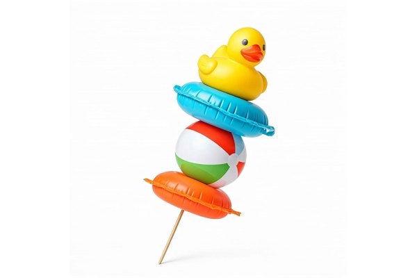 A creative composition featuring a skewer-like arrangement of beach-themed inflatable objects stacked vertically against a plain white background. At the top, a yellow rubber duck sits on a small blue inflatable ring. Below it, a classic multicolored beach ball with red, green, blue, and white segments is wedged between two additional inflatable rings, an orange one at the bottom and a blue one just beneath the duck. A wooden skewer pierces through all the objects, giving the appearance of a playful, oversized summer-themed kebab.