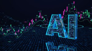 A futuristic digital illustration features the letters 'AI' in a glowing blue, three-dimensional style, with a reflective surface below. The background consists of stock market candlestick charts with green and pink bars, numerical values, and fluctuating trend lines, symbolizing data analysis and financial market predictions. The dark backdrop is interwoven with a network of small, glowing blue nodes and lines, reinforcing a high-tech, artificial intelligence theme. The image conveys the intersection of AI and financial technology, emphasizing data-driven decision-making and automation.
