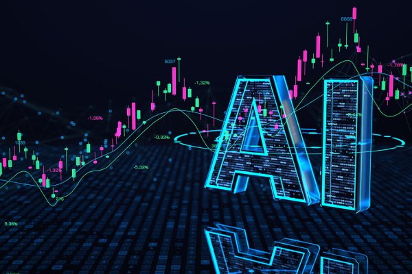 A futuristic digital illustration features the letters 'AI' in a glowing blue, three-dimensional style, with a reflective surface below. The background consists of stock market candlestick charts with green and pink bars, numerical values, and fluctuating trend lines, symbolizing data analysis and financial market predictions. The dark backdrop is interwoven with a network of small, glowing blue nodes and lines, reinforcing a high-tech, artificial intelligence theme. The image conveys the intersection of AI and financial technology, emphasizing data-driven decision-making and automation.