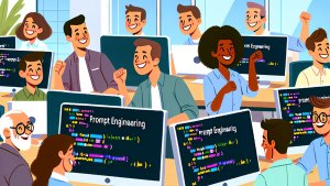 A vibrant digital illustration depicts a diverse group of people in a bright, modern classroom, enthusiastically engaging in a coding session focused on 'Prompt Engineering.' Large computer monitors display colorful lines of code and the words 'Prompt Engineering.' The participants, of various ages, genders, and ethnicities, are smiling, raising their fists, and interacting positively. The background features large windows allowing natural light to enter, contributing to an energetic and collaborative atmosphere.
