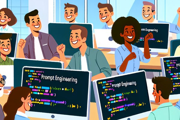 A vibrant digital illustration depicts a diverse group of people in a bright, modern classroom, enthusiastically engaging in a coding session focused on 'Prompt Engineering.' Large computer monitors display colorful lines of code and the words 'Prompt Engineering.' The participants, of various ages, genders, and ethnicities, are smiling, raising their fists, and interacting positively. The background features large windows allowing natural light to enter, contributing to an energetic and collaborative atmosphere.