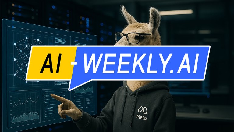 AI-Weekly for Tuesday, April 8, 2025 - Issue 159. This cover of the AI-Weekly newsletter depicts a llama wearing black-framed glasses and a dark hoodie with the Meta logo standing in a dimly lit data center, interacting with a futuristic transparent touchscreen interface. The screen displays various data visualizations, including neural network diagrams, line graphs, and blocks of text, suggesting an AI or data science context. The llama's posture and focused expression add a humorous and surreal twist to the high-tech environment.