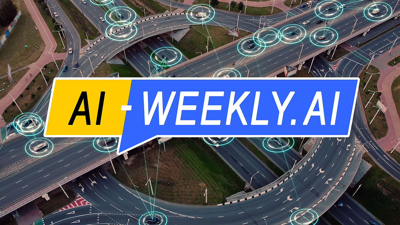 AI-Weekly for Tuesday, April 29, 2025 - Issue 162. This cover of the AI-Weekly newsletter depicts an aerial view of a complex highway interchange showing multiple lanes and overpasses with cars and trucks traveling in various directions, each vehicle highlighted with glowing blue circles and lines suggesting vehicle-to-vehicle communication or autonomous driving technology; the roads are surrounded by grassy areas, pedestrian paths, and scattered streetlights, creating a clean and organized urban landscape.