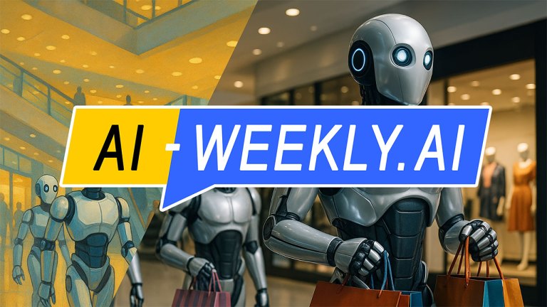AI-Weekly for Tuesday, May 13, 2025 - Issue 164. This cover of the AI-Weekly newsletter depicts an image split diagonally, conceptually illustrating the transition of robots from science fiction to reality; the left side features a stylized, painted scene with simplified humanoid robots walking through a yellow-lit, multi-level mall reminiscent of a retro-futuristic vision, while the right side presents a realistic, high-definition depiction of similarly designed robots in a modern shopping mall, carrying colorful bags past store windows, symbolizing their imagined past becoming a tangible present.