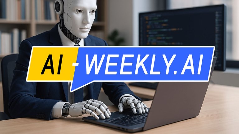 AI-Weekly for Tuesday, May 20, 2025 - Issue 165. This cover of the AI-Weekly newsletter depicts a humanoid robot software engineer wearing a navy blue business suit and tie seated at a desk, typing on a laptop. The robot has a smooth, white face with human-like features and mechanical hands, giving it a blend of futuristic and professional appearance. In the background, a large monitor displays lines of code, suggesting a programming or tech-related setting. The office environment is modern, with bookshelves and a potted plant visible, and natural light coming in from a window on the right.