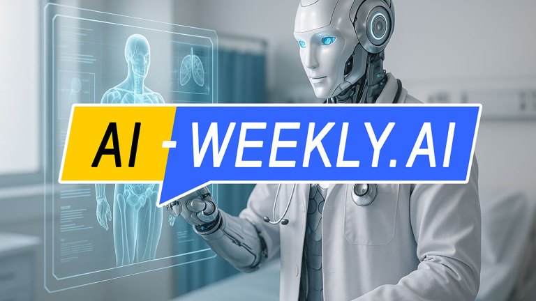 AI-Weekly for Tuesday, May 27, 2025 - Issue 166. This cover of the AI-Weekly newsletter depicts a humanoid robot dressed in a white medical coat with a stethoscope around its neck interacting with a transparent, holographic medical display. The display shows a detailed anatomical image of a human skeleton and internal organs, including the lungs, accompanied by various data panels. The robot is in a modern, clinical setting with soft lighting, examining the holographic interface using its metallic, articulated fingers.
