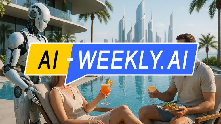 AI-Weekly for Tuesday, June 3, 2025 - Issue 167. This cover of the AI-Weekly newsletter depicts a smiling man and woman relaxing by a luxurious pool, toasting with colorful drinks as a sleek humanoid robot stands behind the woman, pulling up her lounge chair; futuristic skyscrapers rise dramatically in the background across a calm body of water, while another woman reclines nearby under palm trees, all beneath a clear blue sky.