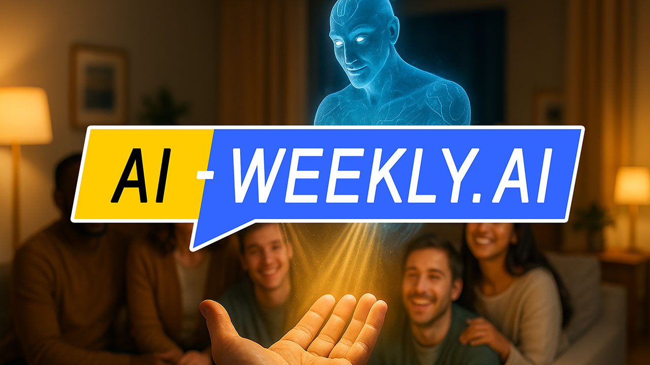 AI-Weekly for Tuesday, June 10, 2025 - Issue 168. This cover of the AI-Weekly newsletter depicts a glowing blue holographic figure of an all-knowing genie, symbolizing artificial intelligence, floating above an outstretched hand, emitting golden light as it emerges from the palm; the genie appears wise and welcoming, representing AI's evolution beyond phones, tablets, and computers into everyday life, while in the background a diverse group of five people seated on a couch in a warmly lit living room look on with smiles and fascination.
