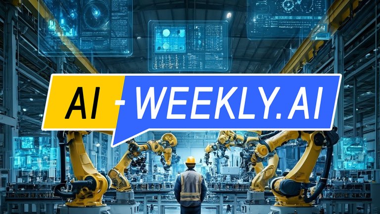 AI-Weekly for Tuesday, June 17, 2025 - Issue 169. This cover of the AI-Weekly newsletter depicts a spacious, high-ceilinged futuristic factory with a single worker in a yellow hard hat standing inside, wearing a reflective vest and standing with their back to the viewer, they face two rows of bright yellow robotic arms that arch toward a central conveyor line; translucent blue holographic screens filled with data and diagrams hover in mid-air above the machinery, suggesting advanced AI-controlled automation in a modern industrial environment.