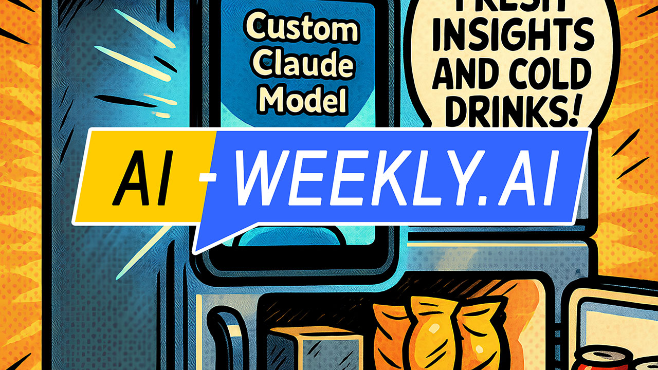 AI-Weekly for Tuesday, July 1, 2025 - Issue 171. This cover of the AI-Weekly newsletter depicts a comic-style illustration of a stainless steel mini-fridge against a vibrant halftone burst; its door holds a glowing tablet with a smiling robot icon and the words 'Custom Claude Model', while an open compartment shows snack bags, soda cans, and a metallic cube, while a bold speech bubble proclaims, 'Fresh Insights and Cold Drinks'.