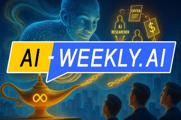 AI-Weekly for Tuesday, July 8, 2025 - Issue 172. This cover of the AI-Weekly newsletter depicts a luminous blue genie made of swirling energy rising from a golden lamp adorned with the Meta logo. The genie is extending its hands toward a glowing set of chains being emitted from the lamp that hold two stick-figure AI researchers, a contract labeled OFFER, and a dollar sign, while three suited men viewed from behind watch the spectacle against a dark, futuristic city skyline dotted with colorful lights.