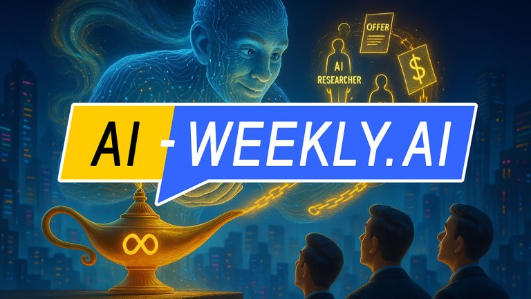 AI-Weekly for Tuesday, July 8, 2025 - Issue 172. This cover of the AI-Weekly newsletter depicts a luminous blue genie made of swirling energy rising from a golden lamp adorned with the Meta logo. The genie is extending its hands toward a glowing set of chains being emitted from the lamp that hold two stick-figure AI researchers, a contract labeled OFFER, and a dollar sign, while three suited men viewed from behind watch the spectacle against a dark, futuristic city skyline dotted with colorful lights.