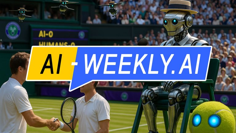 AI-Weekly for Tuesday, July 15, 2025 - Issue 173. This cover of the AI-Weekly newsletter depicts a packed grass-court tennis stadium reminiscent of Wimbledon with two male players in white polos shaking hands at the net while a sleek silver humanoid robot with glowing blue eyes, a straw boater and a tie presides from the umpire's chair; several small hovering drones monitor the scene, a giant tennis ball with blue-lit eyes rests in the foreground, and a scoreboard behind reads 'AI-0 HUMANS-0', depicting a playful clash between humans and artificial intelligence.