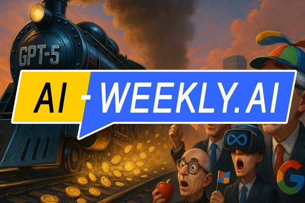 AI-Weekly for Tuesday, July 29, 2025 - Issue 175. This cover of the AI-Weekly newsletter depicts a stylized, satirical painting showing a large black steam locomotive labeled 'GPT-5' barreling down the tracks at sunset, spilling glowing gold coins as it approaches a group of shocked businessmen. The men, representing major tech companies, wear suits and display exaggerated expressions of awe or fear; one holds an apple, another waves a Microsoft flag, one wears a Meta VR headset, and another has oversized glasses and a multicolored Google propeller hat. In the background, silhouetted crowds and city buildings add to the dramatic, caricatured scene that symbolizes disruptive AI progress.