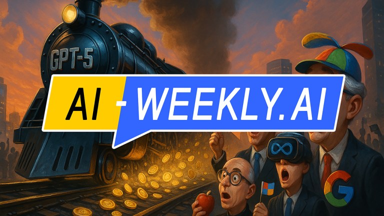 AI-Weekly for Tuesday, July 29, 2025 - Issue 175. This cover of the AI-Weekly newsletter depicts a stylized, satirical painting showing a large black steam locomotive labeled 'GPT-5' barreling down the tracks at sunset, spilling glowing gold coins as it approaches a group of shocked businessmen. The men, representing major tech companies, wear suits and display exaggerated expressions of awe or fear; one holds an apple, another waves a Microsoft flag, one wears a Meta VR headset, and another has oversized glasses and a multicolored Google propeller hat. In the background, silhouetted crowds and city buildings add to the dramatic, caricatured scene that symbolizes disruptive AI progress.