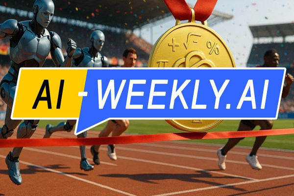 AI-Weekly for Tuesday, August 5, 2025 - Issue 176. This cover of the AI-Weekly newsletter depicts a packed stadium as two sleek silver humanoid robots and two determined human sprinters race along a red track toward a taut red finish-line ribbon, bright confetti speckling the sky, while an oversized gold medal with the ChatGPT knot logo surrounded by mathematical symbols hangs prominently in the foreground, amplifying the theme of human-machine competition and achievement.
