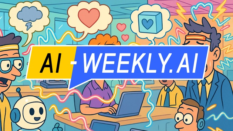 AI-Weekly for Tuesday, September 16, 2025 - Issue 182. This cover of the AI-Weekly newsletter depicts a colorful cartoon-style illustration showing a busy office where employees wear headbands that visibly broadcast their emotions through thought bubbles and colorful waves. A smiling woman in the center has a heart in her thought bubble, while the man on the right appears panicked with sweat and lightning bolts around him, thinking of a heart encased in ice. Another man on the left has a storm cloud in his bubble, and a cheerful robot stands nearby, emitting multicolored waves. The background includes other workers at desks and a coffee machine with a surprised face, adding humor to the vibrant and expressive scene.