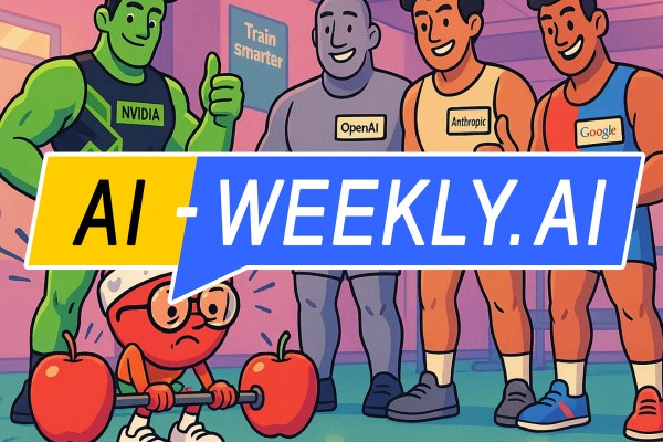 AI-Weekly for Tuesday, September 30, 2025 - Issue 184. This cover of the AI-Weekly newsletter depicts a cartoon-style illustration showing a small anthropomorphic apple wearing glasses, a white headband, and sneakers struggling to lift a barbell with large red apples as weights, sweating and straining with effort. Behind it, four muscular humanoid figures labeled 'NVIDIA', 'OpenAI', 'Anthropic', and 'Google' stand in a supportive gym setting, smiling and giving thumbs up or encouraging gestures. The 'NVIDIA' figure is green and flexing, while the others appear friendly and animated. The background includes gym equipment and signs reading 'Train Smarter' and 'AI Gains', suggesting a metaphor for AI development and support.