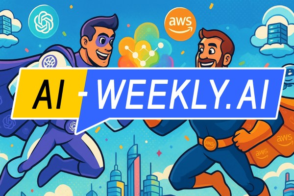 AI-Weekly for Tuesday, November 4, 2025 - Issue 189. This cover of the AI-Weekly newsletter depicts a colorful cartoon illustration showing two superhero characters flying over a cityscape, bumping fists in a friendly gesture. One hero wears a white and purple suit with the OpenAI logo on his chest and cape, while the other wears a dark blue and orange suit with the AWS logo. Between them, a burst of rainbow-colored light symbolizes collaboration. The background features bright blue skies, clouds, and floating server icons, creating a cheerful and energetic atmosphere.