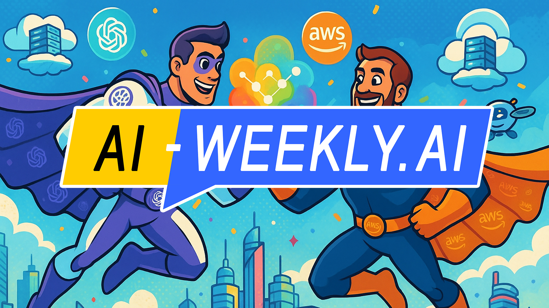 AI-Weekly for Tuesday, November 4, 2025 - Issue 189. This cover of the AI-Weekly newsletter depicts a colorful cartoon illustration showing two superhero characters flying over a cityscape, bumping fists in a friendly gesture. One hero wears a white and purple suit with the OpenAI logo on his chest and cape, while the other wears a dark blue and orange suit with the AWS logo. Between them, a burst of rainbow-colored light symbolizes collaboration. The background features bright blue skies, clouds, and floating server icons, creating a cheerful and energetic atmosphere.