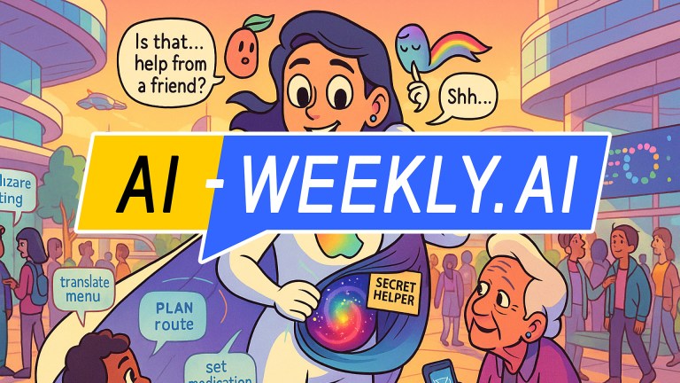 AI-Weekly for Tuesday, November 11, 2025 - Issue 190. This cover of the AI-Weekly newsletter depicts a colorful cartoon scene showing a smiling woman wearing a superhero costume with a glowing rainbow Apple logo on her chest and a badge reading 'Secret Helper' next to the symbol for Google Gemini. She stands in a futuristic city with curved buildings, trees, and people walking around. Speech bubbles float nearby, with one character asking 'Is that... help from a friend?' and a small rainbow ghost replying 'Shh...'. Around the woman are icons showing tasks like 'translate menu,' 'plan route,' and 'set medication,' suggesting helpful digital tools or AI assistance. The bright colors and friendly expressions create a cheerful, optimistic mood.