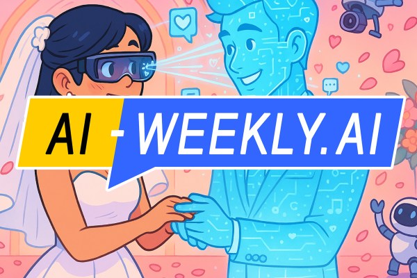 AI-Weekly for Tuesday, November 18, 2025 - Issue 191. This cover of the AI-Weekly newsletter depicts a smiling bride in a white dress and veil standing in a pastel-colored chapel wearing virtual reality glasses that project a holographic groom made of glowing blue circuitry patterns. She holds his hand while digital icons like hearts and chat bubbles float between them. Two small robots cheer nearby as flower petals fall, creating a whimsical mix of romance and technology.