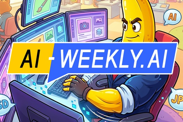 AI-Weekly for Tuesday, November 25, 2025 - Issue 192. This cover of the AI-Weekly newsletter depicts a cartoon illustration of a muscular banana character dressed in a suit and tie sitting at a desk with three computer monitors, each displaying digital art and photo editing interfaces. The banana confidently uses a keyboard and mouse, with glowing digital effects around the desk, while speech bubbles labeled PSD, JPG, and AI float nearby. The background shows a colorful, modern office with other anthropomorphic characters working at computers and beanbag chairs in the lounge area.