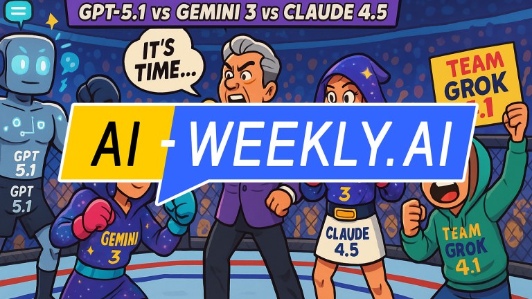 AI-Weekly for Tuesday, December 2, 2025 - Issue 193. This cover of the AI-Weekly newsletter depicts a colorful cartoon illustration of an announcer in a purple suit holding a microphone in the center of an octagon, shouting 'It's time...' as four characters representing AI models prepare for a showdown. On the left stands a shiny blue robot labeled GPT 5.1 with glowing eyes and fists raised. Next to it, a determined figure in a starry purple hoodie labeled Gemini 3 wears pink gloves. Across from them, another character in a blue and purple outfit marked Claude 4.5 raises her fists confidently. On the far right, a cheering supporter in a green hoodie holds a yellow sign reading 'Team Grok 4.1'. The background shows a crowded arena with the banner 'GPT-5.1 vs GEMINI 3 vs CLAUDE 4.5' at the top.