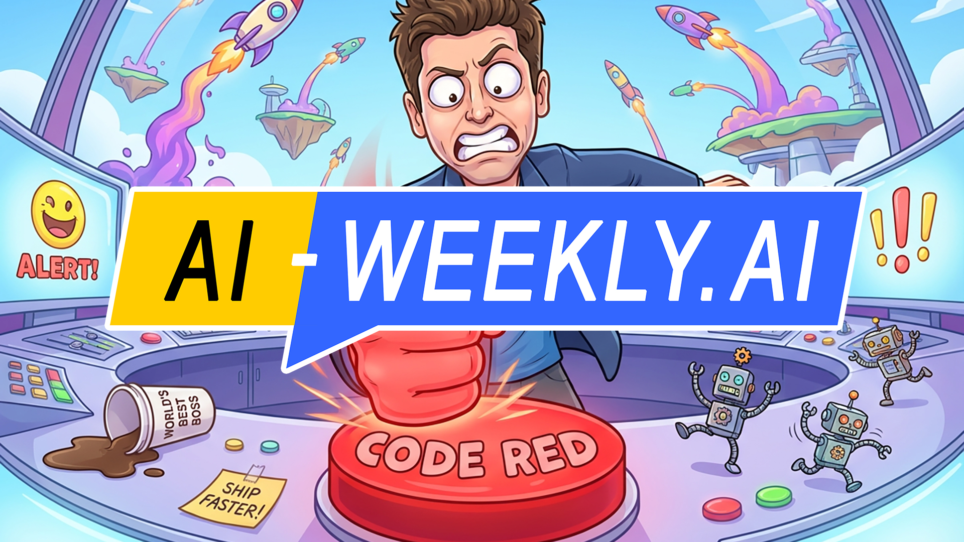 AI-Weekly for Tuesday, December 9, 2025 - Issue 194. This cover of the AI-Weekly newsletter depicts a cartoon illustration of a panicked Sam Altman in a futuristic control room slamming a huge red button labeled 'CODE RED' as alarms and warning symbols flash on surrounding monitors. Small cartoon robots run in chaos across the console, rockets launch into a bright sky with floating islands and purple smoke, and a spilled coffee cup labeled 'World's Best Boss' lies next to a sticky note reading 'Ship Faster!'.